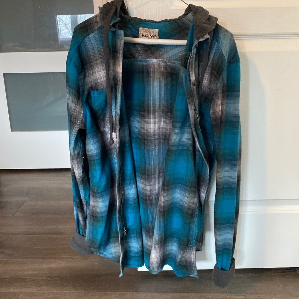 Plaid zip up casual shirt with hood